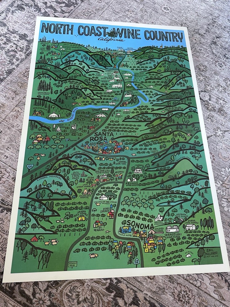 North Coast Wine Country Poster Earl Thollander Nut Tree 1975 Double Sided – VTG