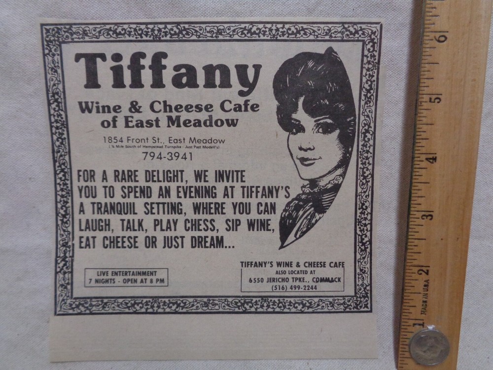Tiffany&rsquo;s Wine & Cheese Cafe Commack Corners AD 1979 vintage NY 1980 east medw