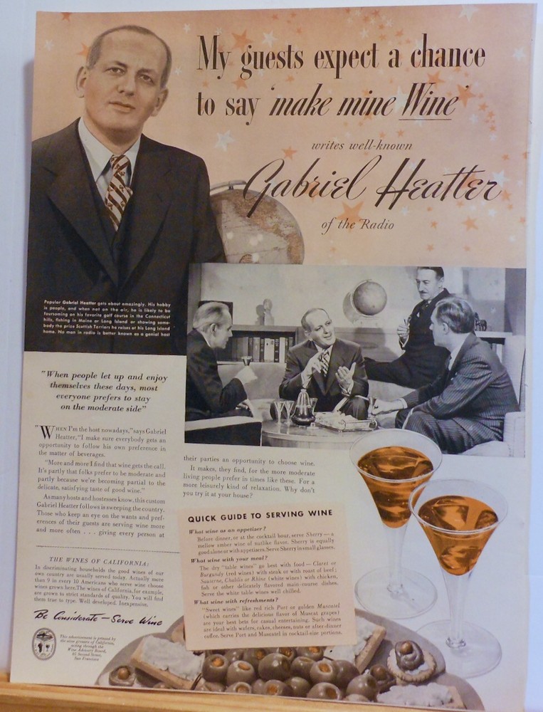 1941 magazine ad for California Wine – radio personality Gabriel Heatter serves