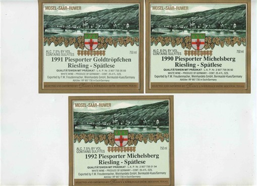 3 Mosel Saar Ruwer Wine Labels 1990 1991 1992 Piesporter Riesling Spatlese