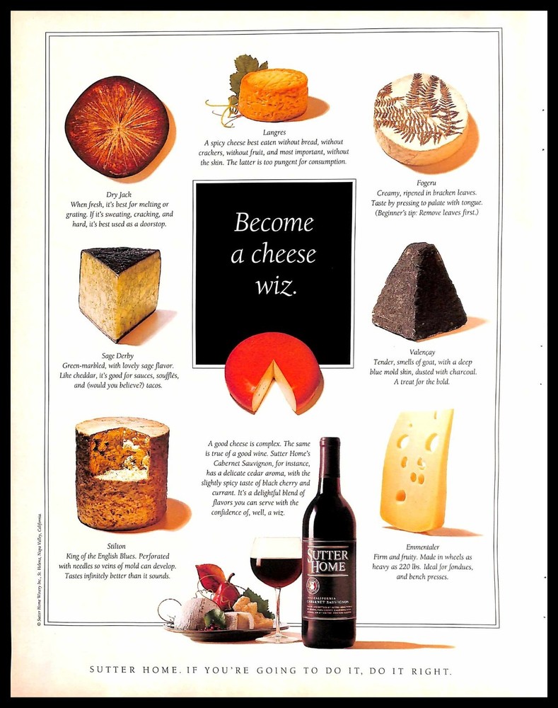 1992 Sutter Home Vintage PRINT AD Specialty Cheeses Wine Pairing Alcohol
