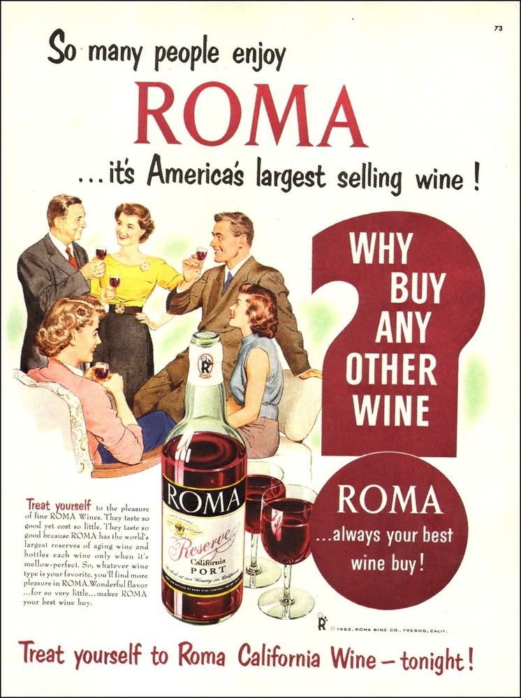 1952 vintage beverage AD ROMA California Port Wine , Fresno CA 100717