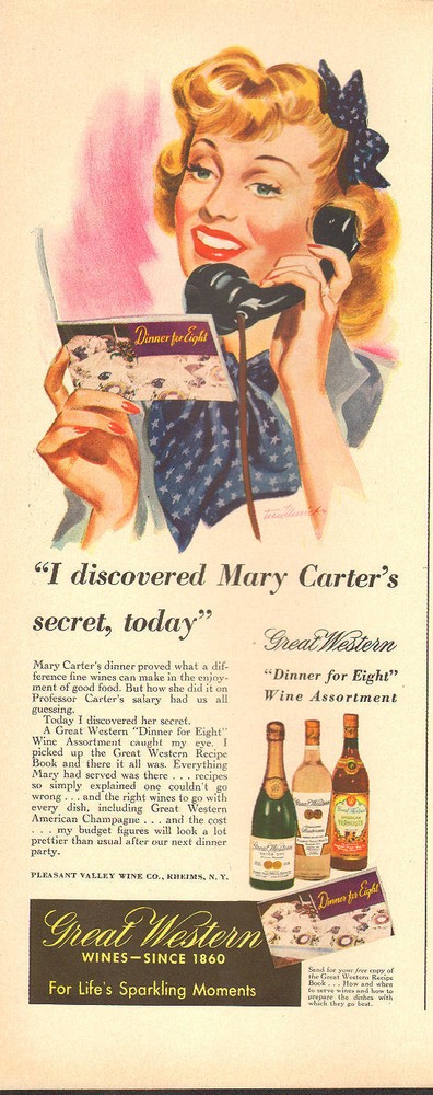 1944 vintage WW2 era Ad GREAT WESTERN WINES , New York State Wines 052217