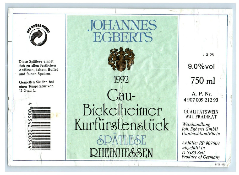 1970&rsquo;s-80&rsquo;s Jonannes Egberts Gau German Wine Label Original S18E