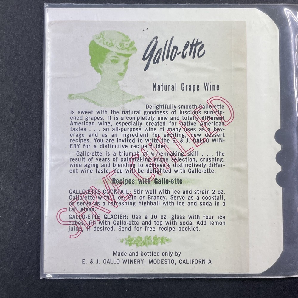 Vintage 1920s Gallo Winery Gallo-ette Grape Wine UNUSED Paper Label Modesto 2186