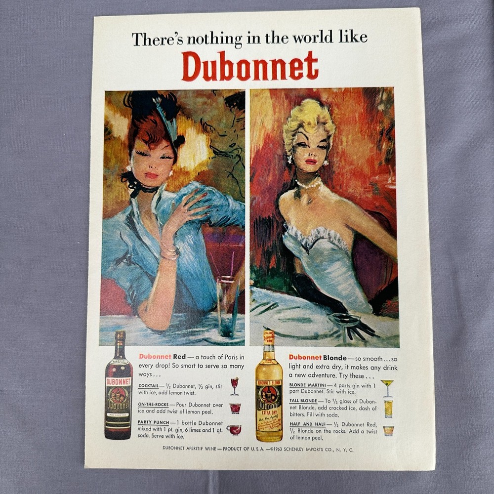 1964 Dubonnet Vintage Print Ad French Aperitif Wine Bar Decor Mid Century Art