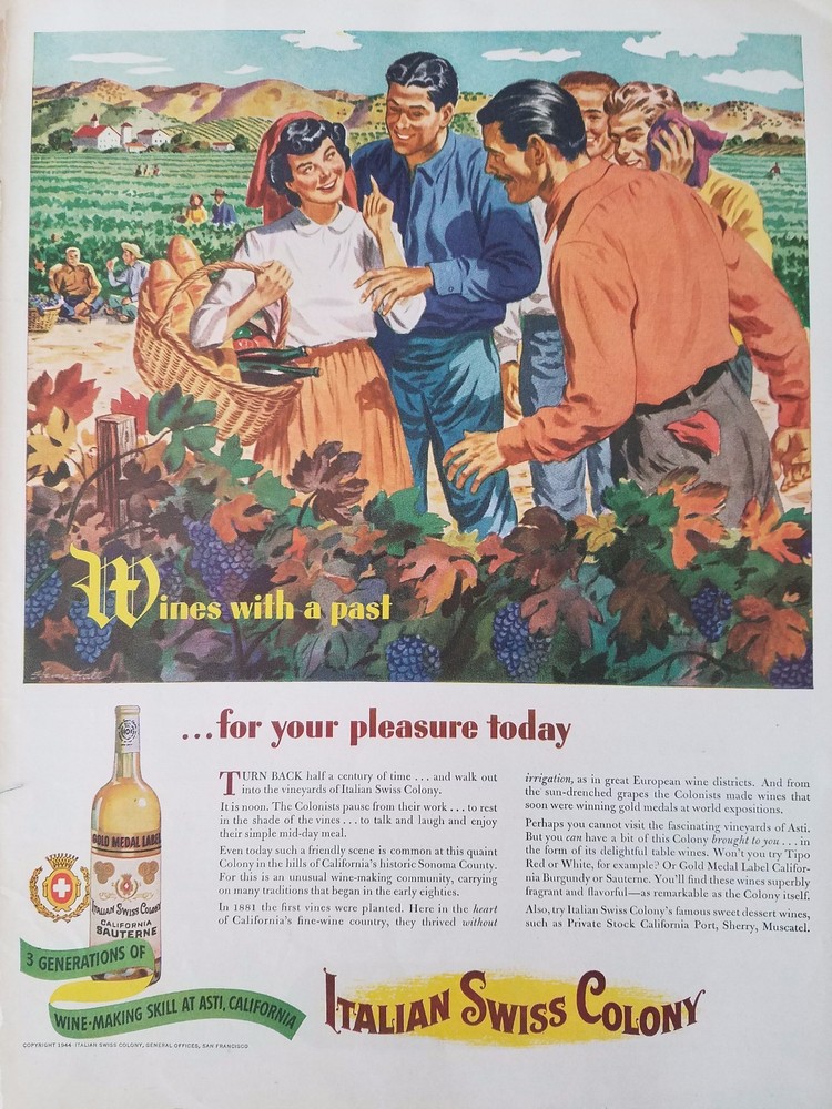 1944 Italian Swiss Colony Wine California Sauterne Vineyard Original Ad