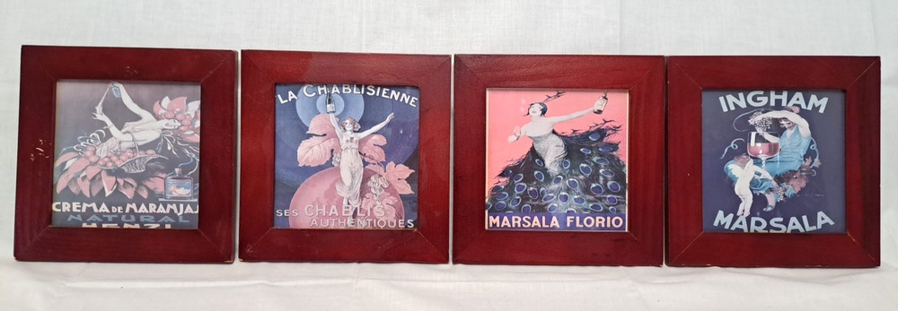4 Wood Framed Vintage Wine Women Ad Prints Marsla Florio La Chablisienne 8×8&Prime;
