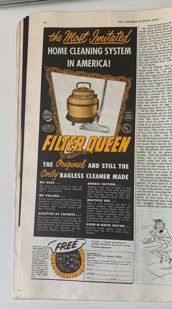 Filter Queen Magazine Ad Bagless Cleaner Home System 1952 Free Apron