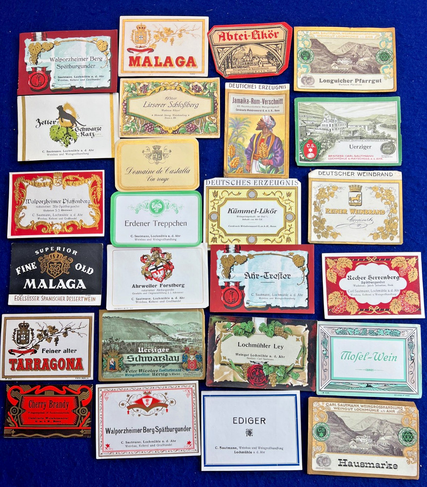 Awesome German 1920s 1930s Wine Bottle Label Collection Lot Vintage Antique