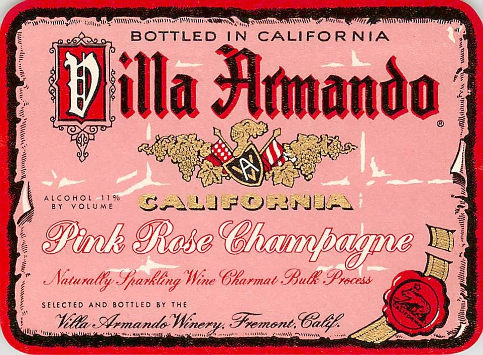 Villa Armando Pink Rose Champagne Fremont CA 1970s 1980s Vtg Wine Label