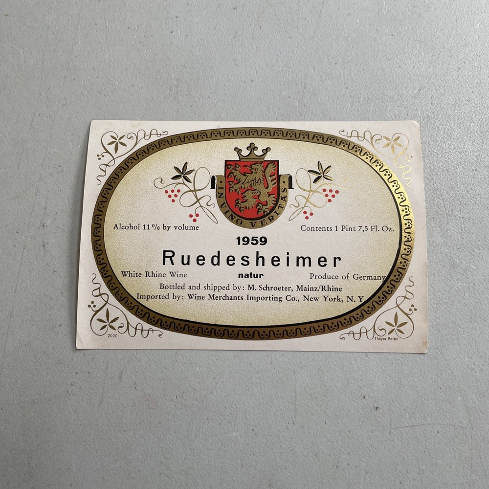 Vintage Wine Bottle Label — 1959 Ruedesheimer Natur White Rhine Wine Germany