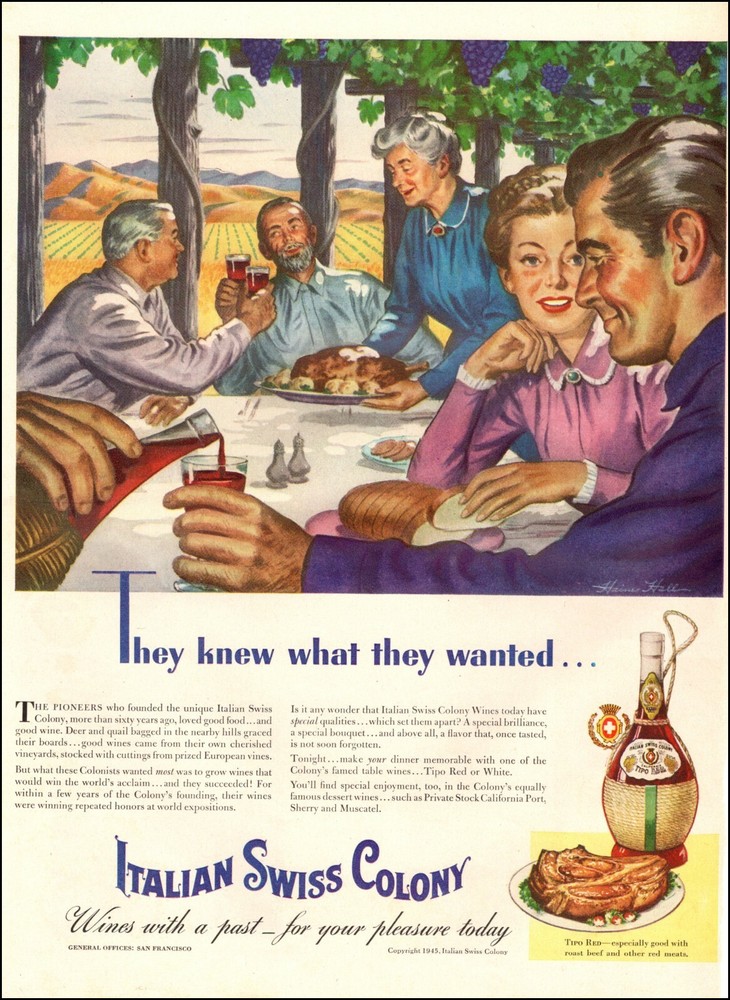 1945 WW2 era beverage AD ITALIAN SWISS COLONY WINES California Nice Art 012420