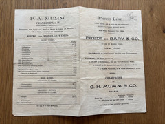 RARE1894 FREDERICK DE BARY & CO NY AGENTS PRICE LIST MUMM CHAMPAGNE/WINES/CALVET