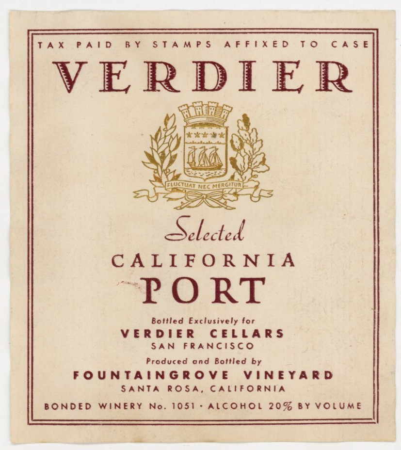 1930s Verdier California Port Wine Label Fountain Grove Vineyard Santa Rosa #DL
