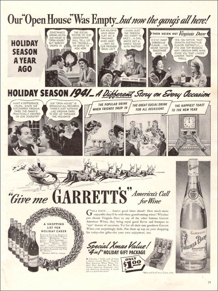 1941 vintage Christmas Wine Ad GARRETT&rsquo;S VIRGINIA DARE Holiday Gift 071022