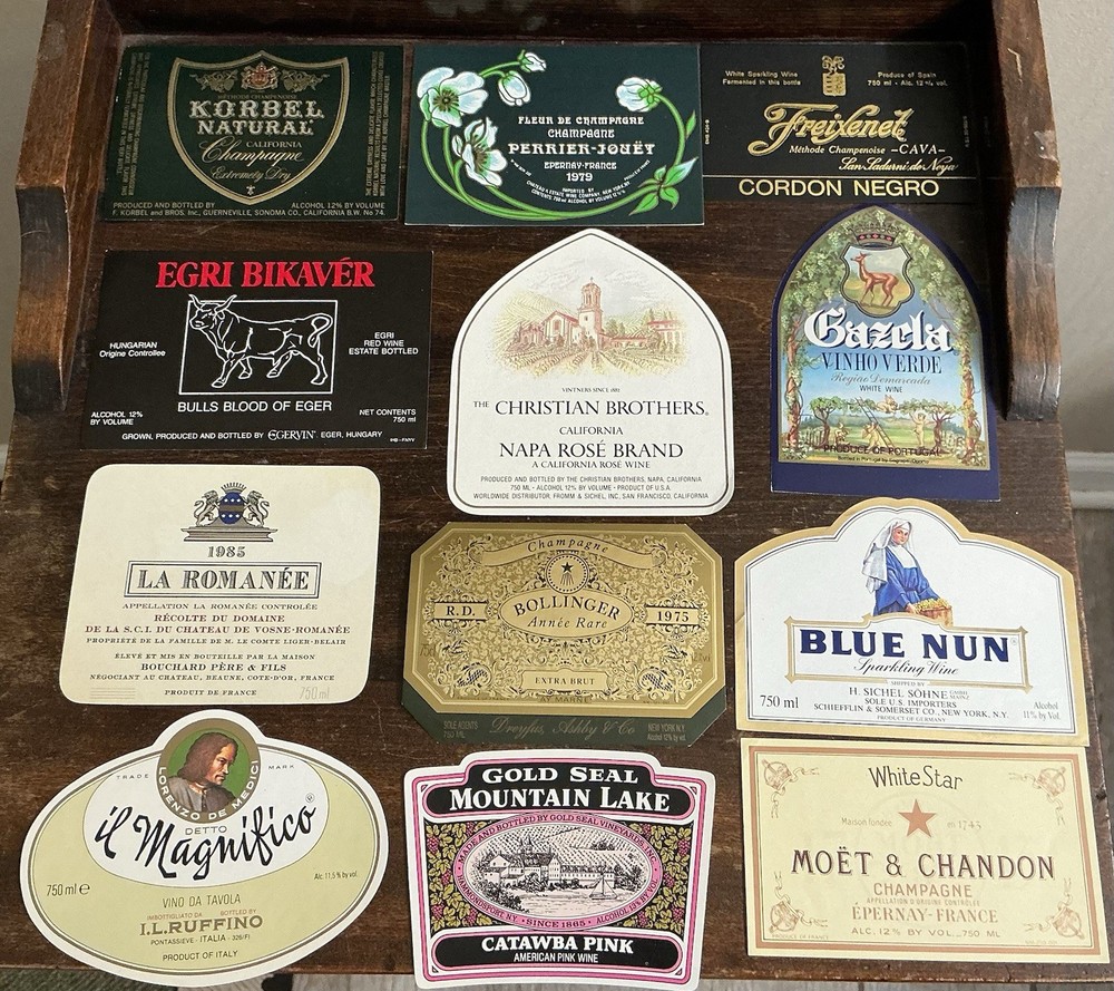 Vintage Wine Labels Lot Bollinger 1975 Moet Perrier Jouet La Romanee Blue Nun