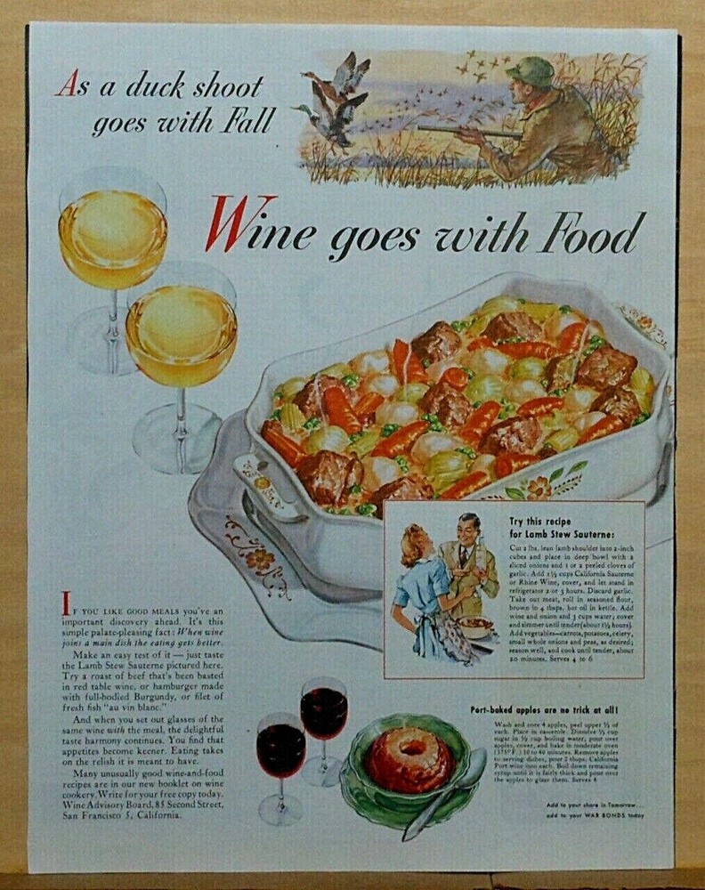 1944 magazine ad for Wine – As a duck shoot goes with Fall, Wine goes with Food