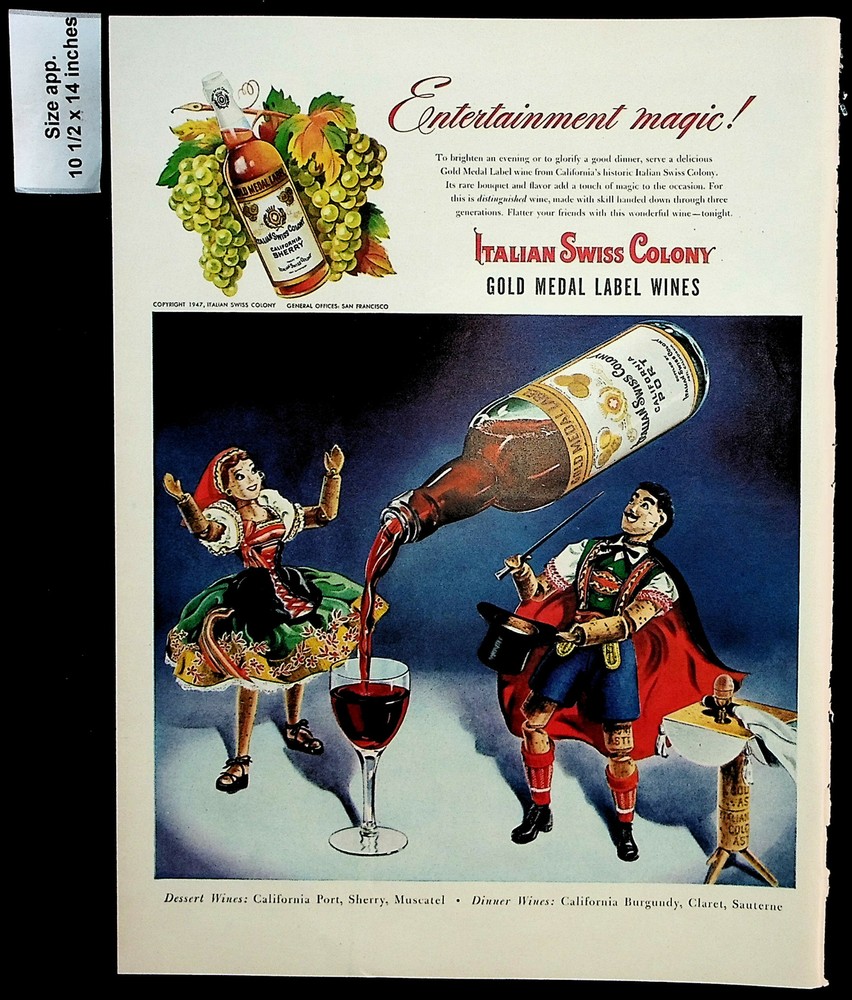 1947 Italian Swiss Colony Gold Medal Label Wines Puppets Vintage Print Ad 29835