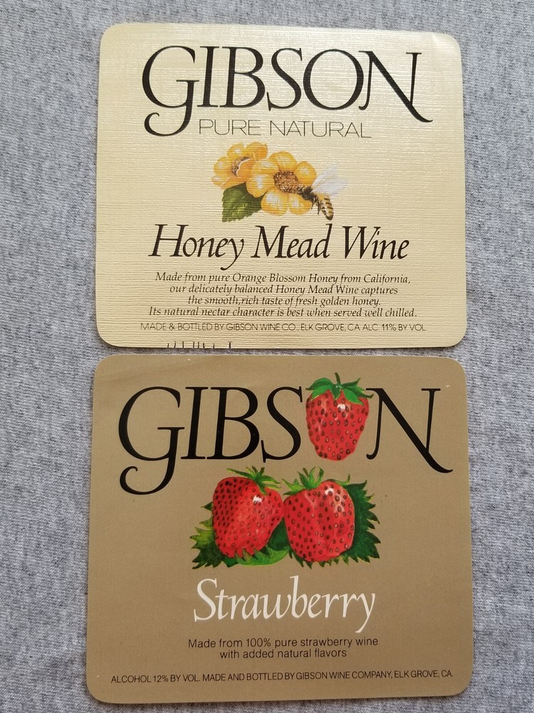 2 Vtg Gibson Wine Bottle Paper Labels Strawberry & Honey Mead Wine Elk Grove CA
