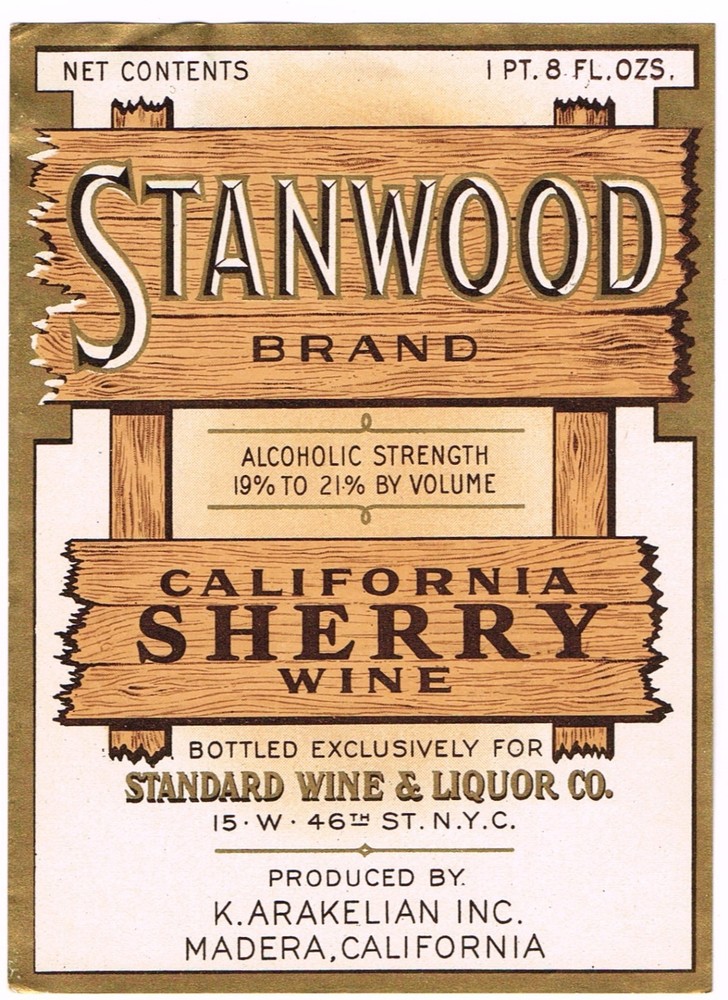 C1930S STANWOOD WINE BOTTLE LABEL MADERA CALIFORNIA ORIGINAL VINTAGE SHERRY