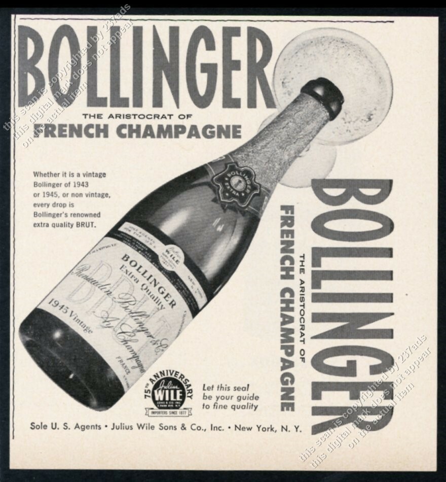 1952 Bollinger champagne 1945 bottle photo vintage print ad