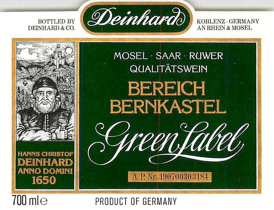 Deinhard Bereich Bernkastel Green Label Germany 1970s 1980s Vintage Wine Label