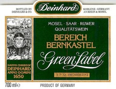Deinhard Bereich Bernkastel Green Label Germany 1970s 1980s Vintage Wine Label