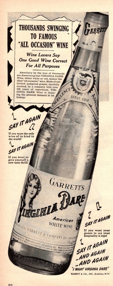 1943 WW2 era beverage AD VIRGINIA DARE American white wine , Garrett122618