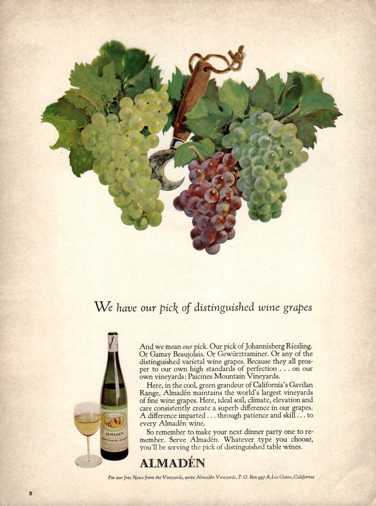 1968 Almaden Wine Premium European Grapes Riesling Vintage Magazine Print Ad