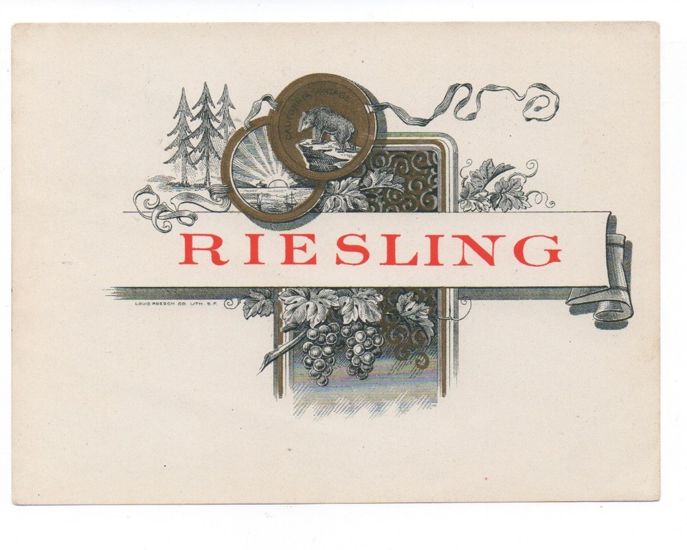 1890s Riesling Wine Label with nice Graphics Louis Roesch San Francisco CA