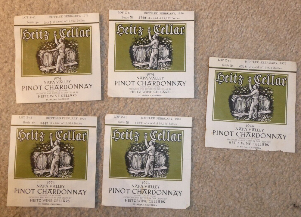 Lot of 5 Vintage 1976 Heitz Wine Cellars Limited Pinot Chardonnay Bottle Labels