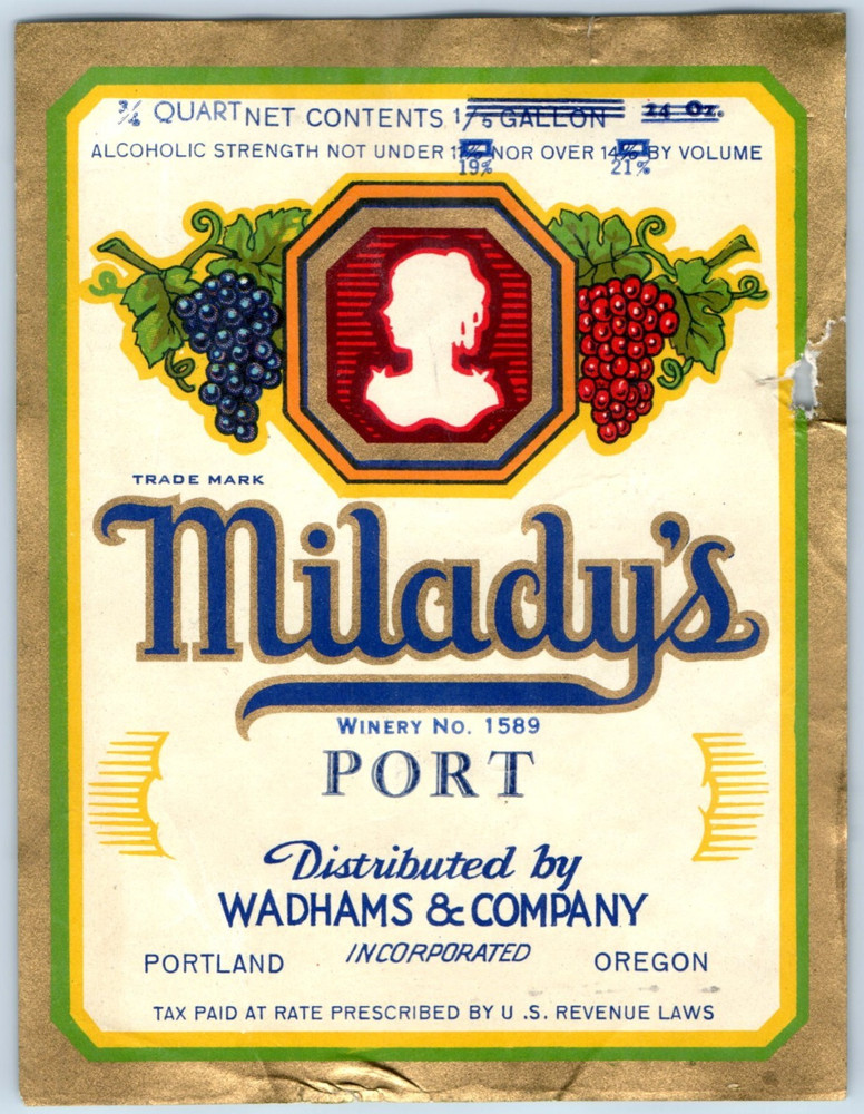 1920s-30s Milday&rsquo;s Port Wadhams & Co Portland, OR Wine Label WL2