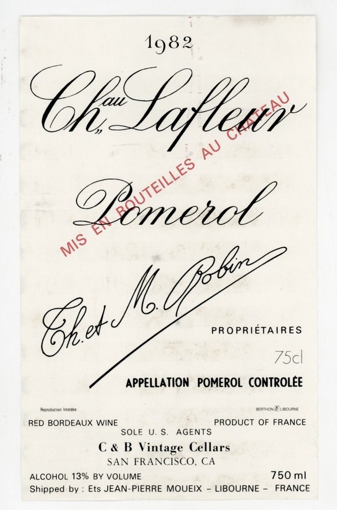 Chateau Lafleur Wine Label 1982 France French Pomerol