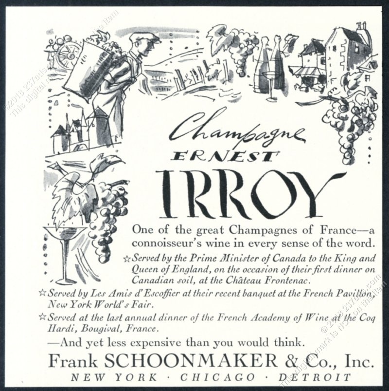 1939 Ernest Irroy Champagne bottle grapes art vintage print ad