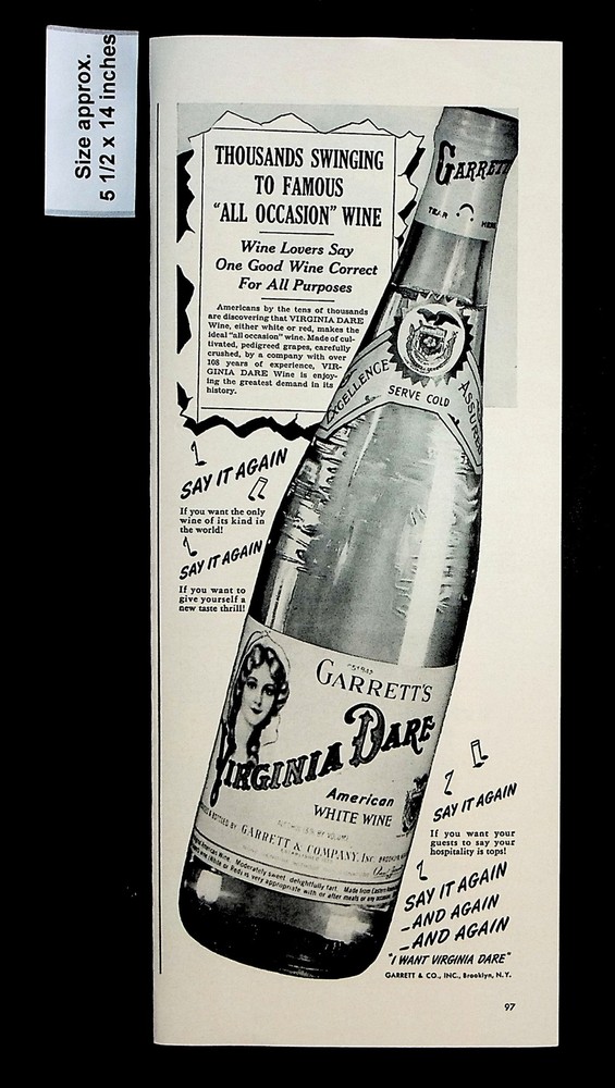 1943 Garrett&rsquo;s Virginia Dare American White Wine Lovers Vintage Print Ad 32915