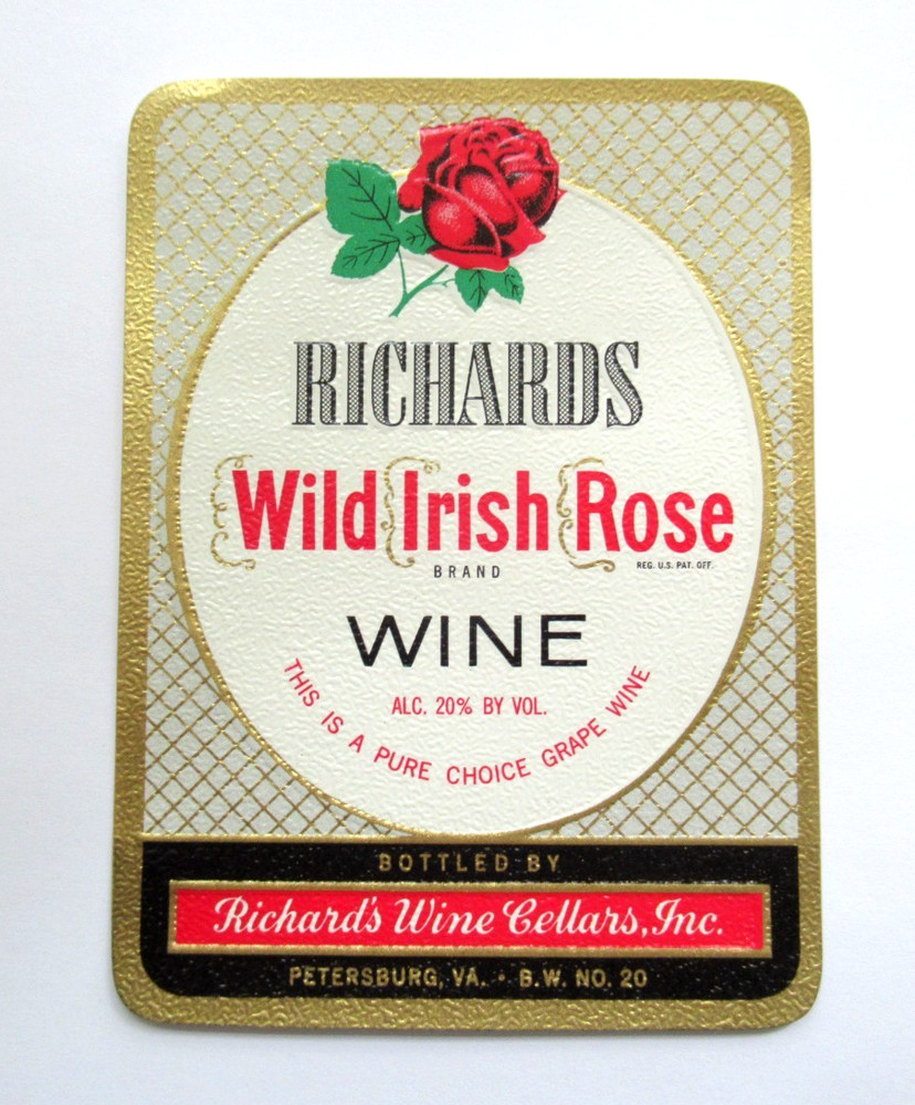 Vintage Original Richards Wild Irish Rose Wine Label Petersburg VA USA