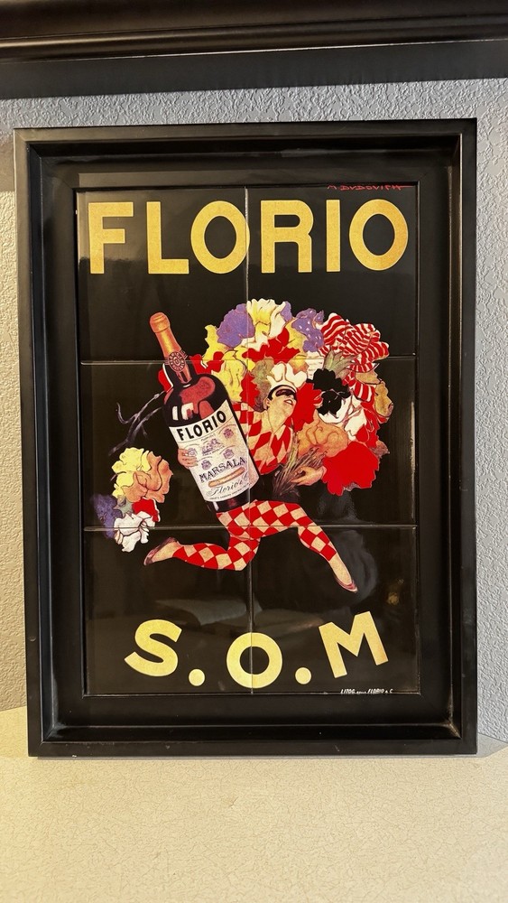 Florio Marsala Wine Framed Collectible Sign Black Gold Red Yellow Purple White