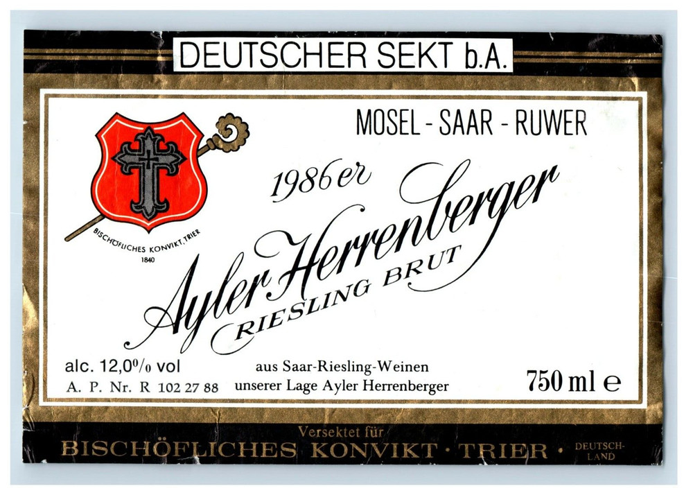 1970&rsquo;s-80&rsquo;s Ayler Herrenberger Criesling Brut German Wine Label Original S16E