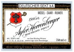 1970&rsquo;s-80&rsquo;s Ayler Herrenberger Criesling Brut German Wine Label Original S16E
