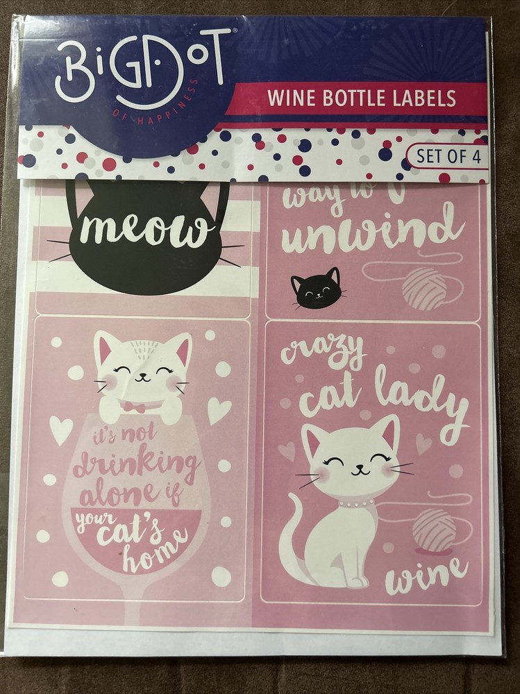 Cat and Pink Wine Bottle Labels *4 Included