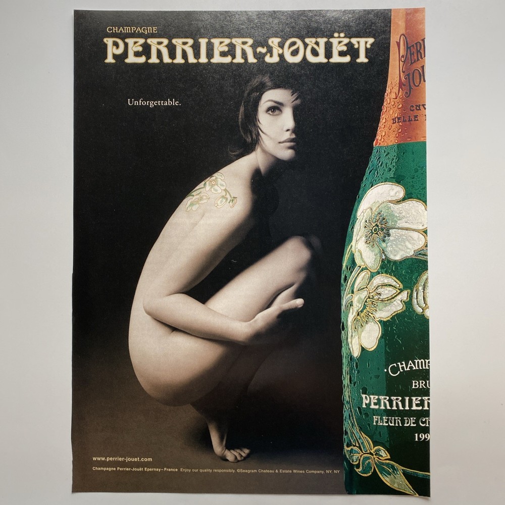 2000 Perrier-Jouet Champagne PRINT AD Crouching Nude Woman Brunette Tattoo Y2K