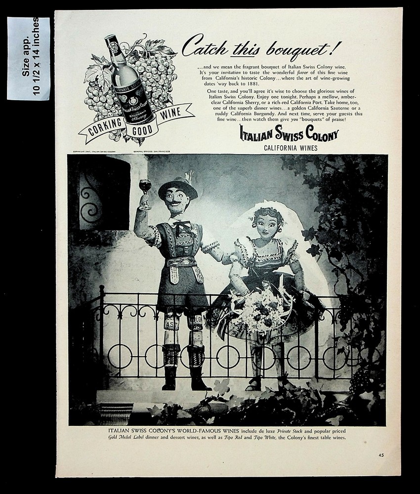 1947 Italian Swiss Colony California Wines Puppets Wine Vintage Print Ad 30271