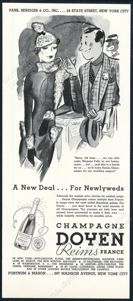 1935 Champagne Doyen bottle couple art vintage print ad