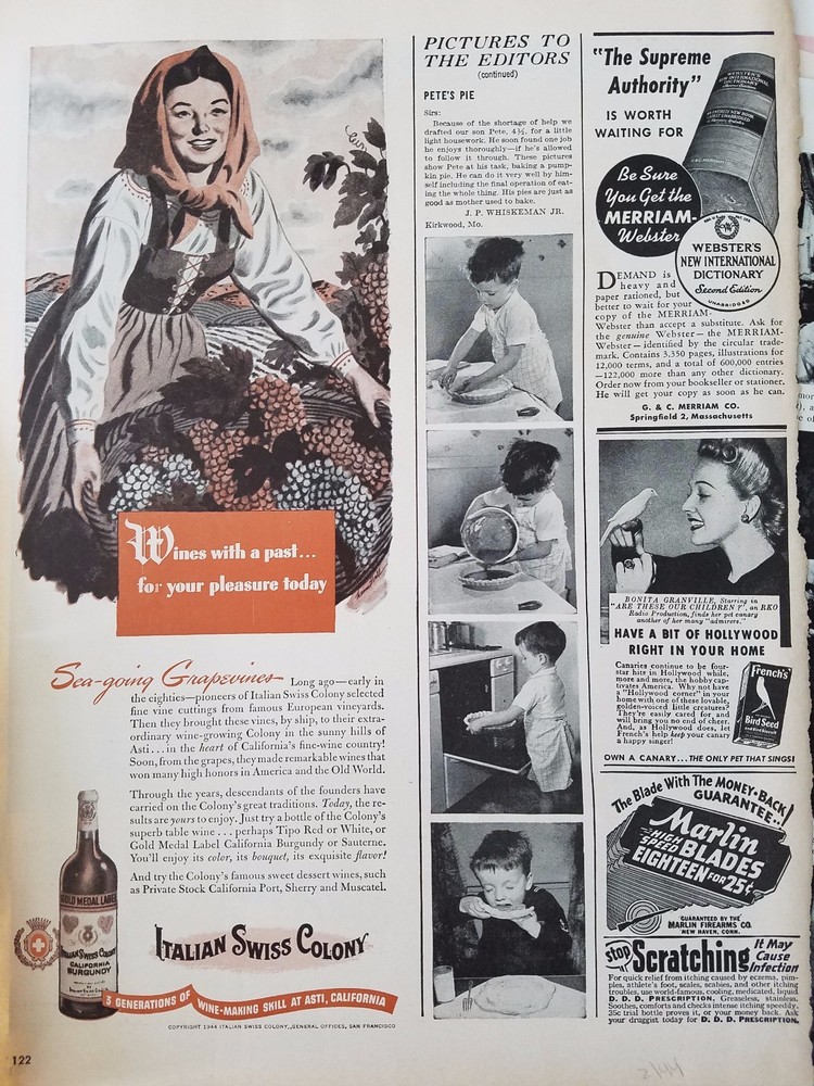 1944 Italian Swiss Colony Wine Making Sea Going Grapevine Original Ad
