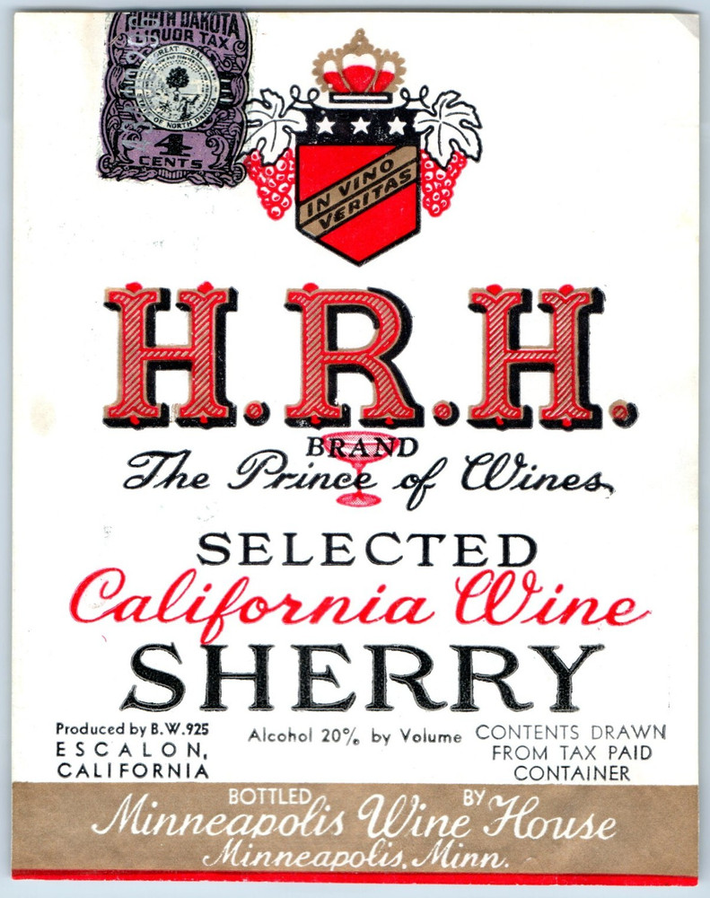 1920s-30s H.R.H. California Wine Sherry Escalon Label WL2