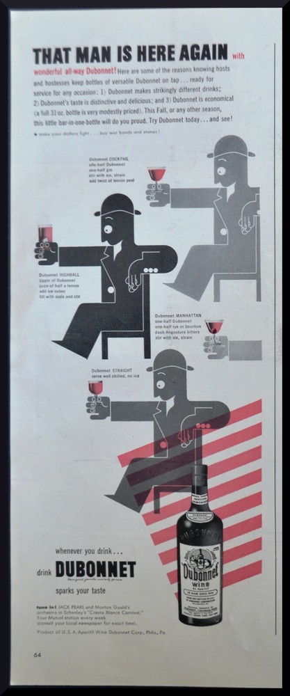 1949 Dubonnet PRINT AD That Man is Here Again Drink Recipes