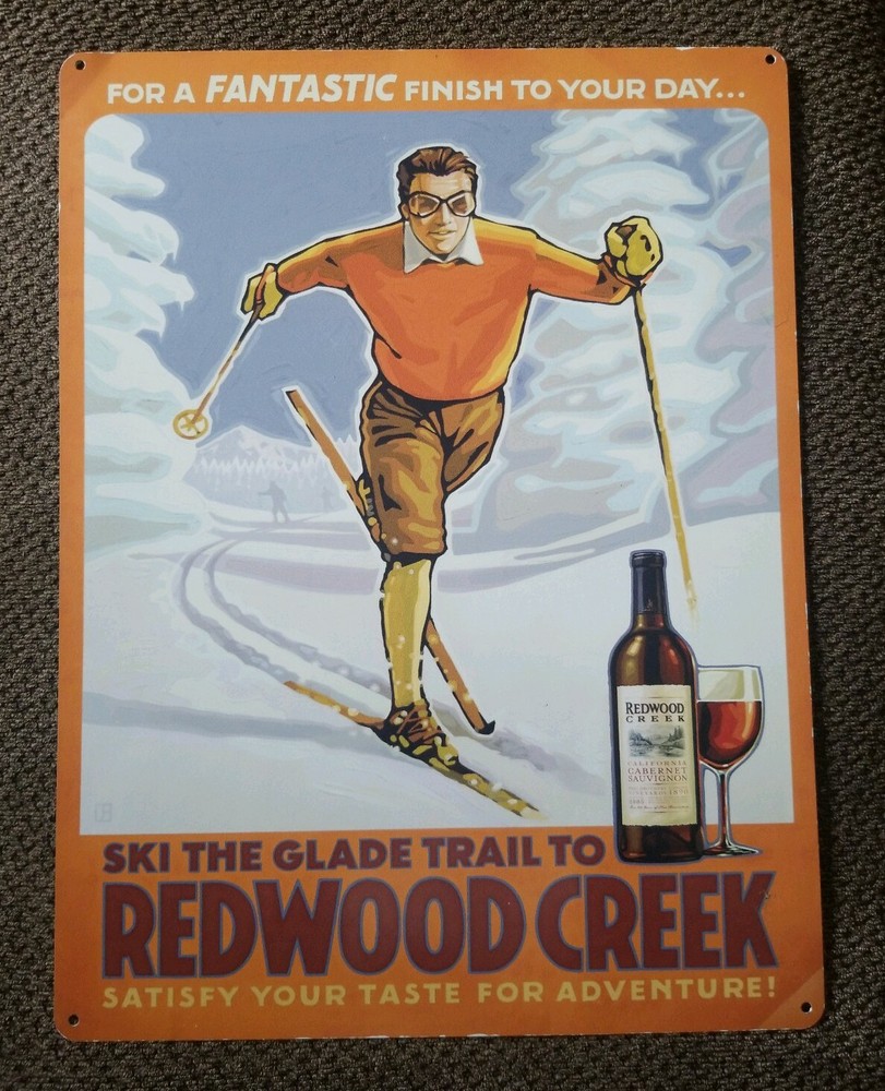 VINTAGE Frei Bros RARE REDWOOD CREEK Wine Metal Sign Ski The Glade Trail 18&Prime;x24&Prime;