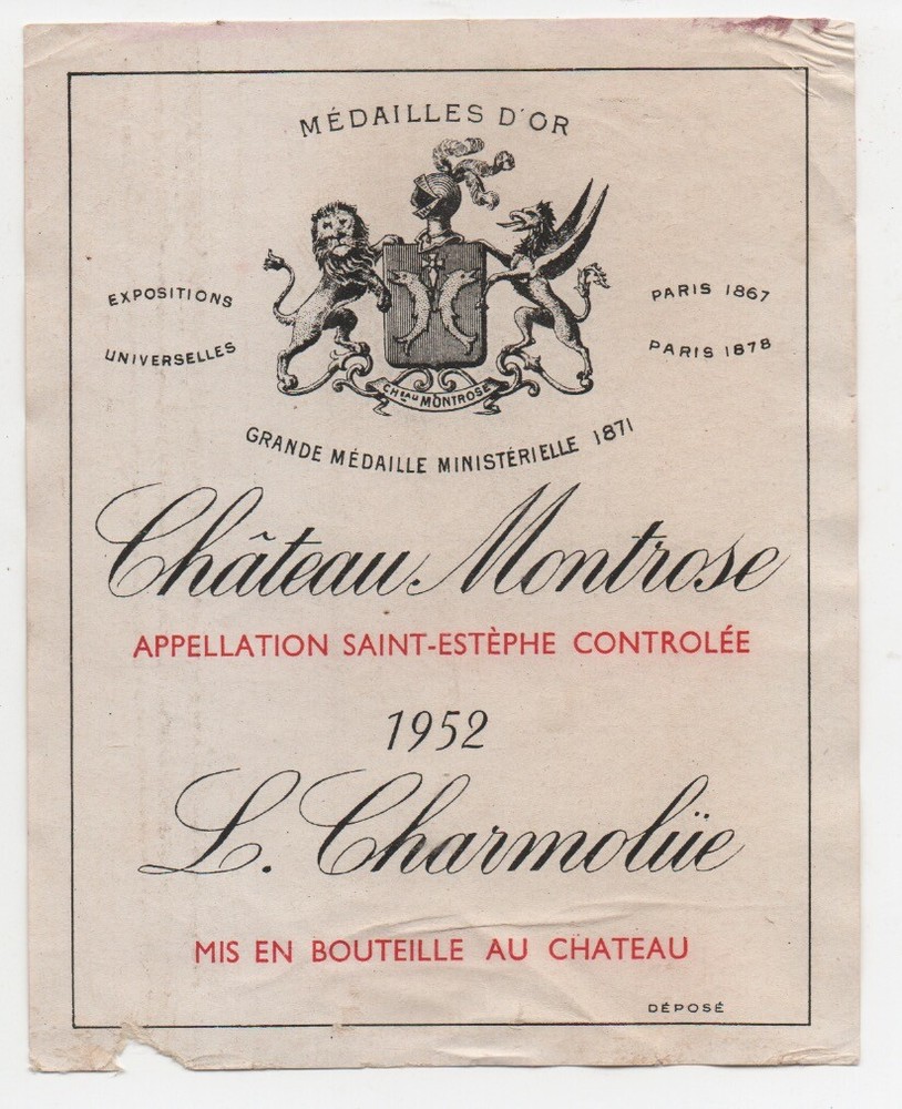 1952 Wine Label from Bottle of Chateau Montrose L. Charmolue France