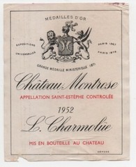 1952 Wine Label from Bottle of Chateau Montrose L. Charmolue France